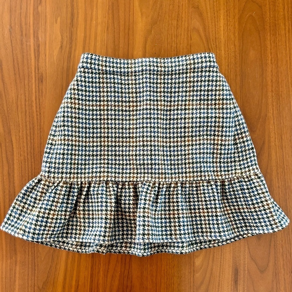 J. Crew Blue & Brown Houndstooth Wool Skirt, High Waist Peplum, Size 4